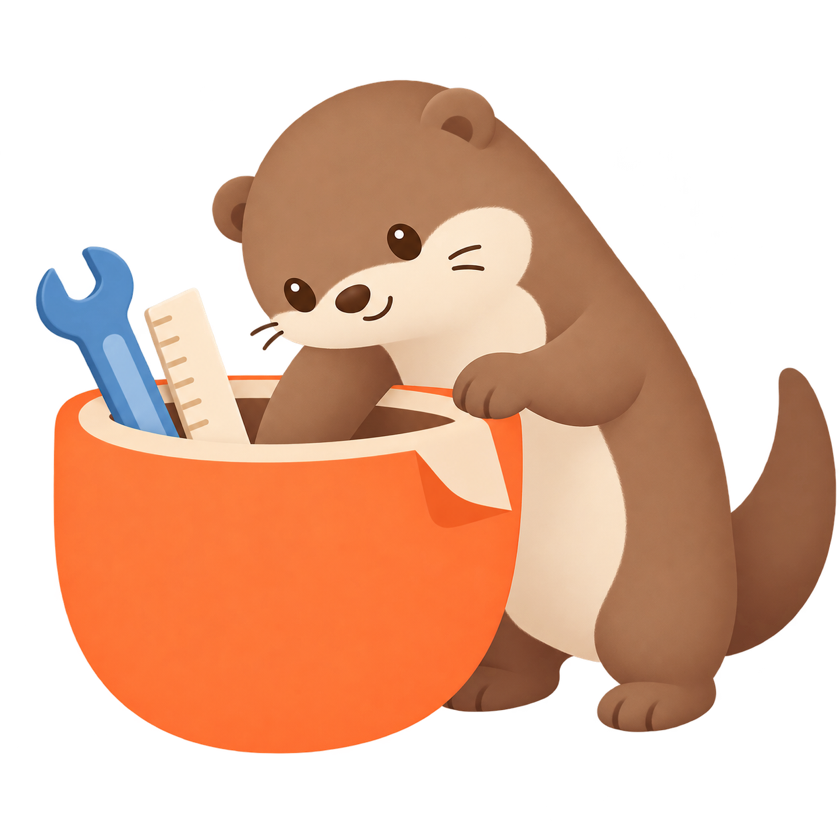 An otter leans in and reaches into an orange pocket of tools, a wrench and a ruler poking out