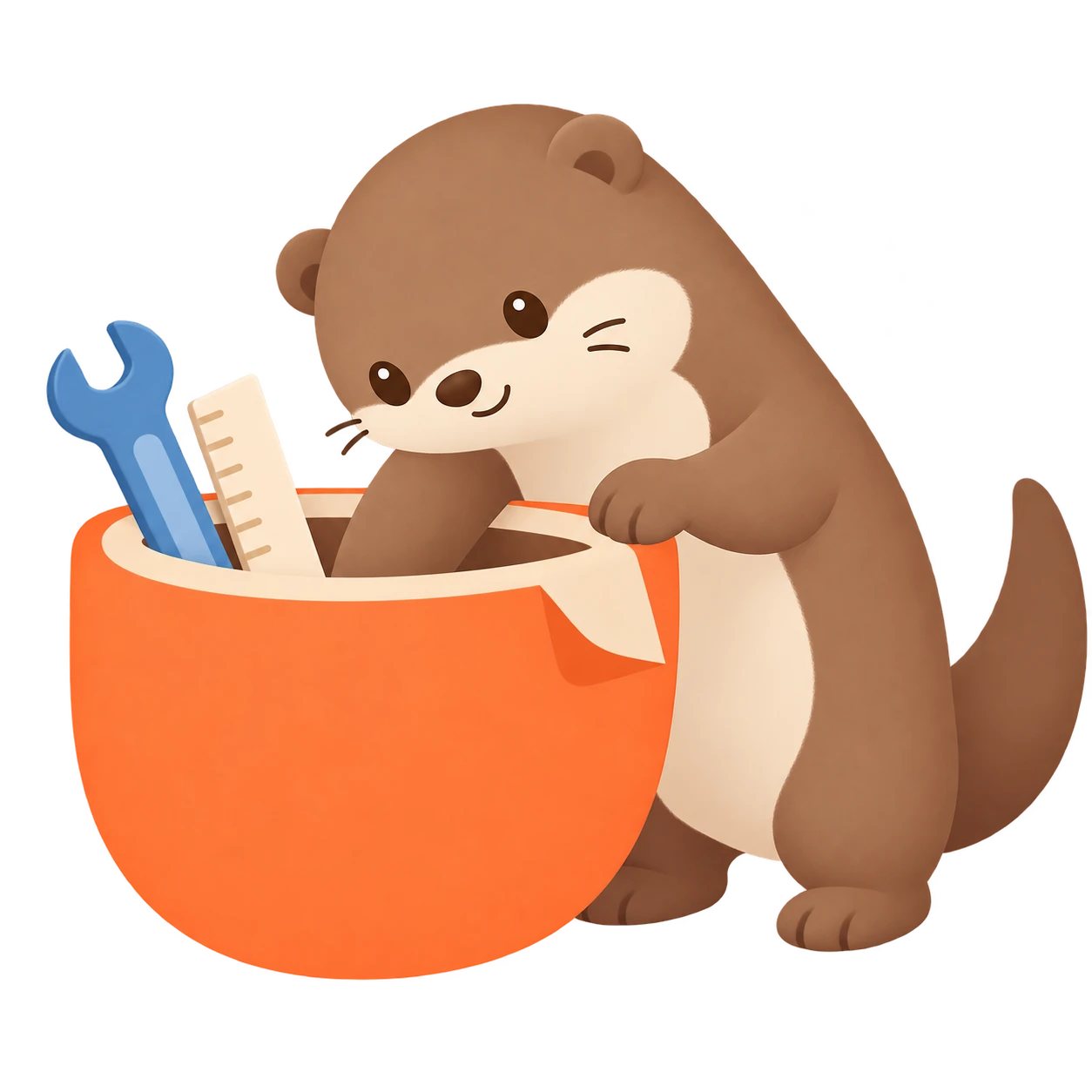 The Pocketool Lab otter mascot rummaging for a tool inside an orange pocket