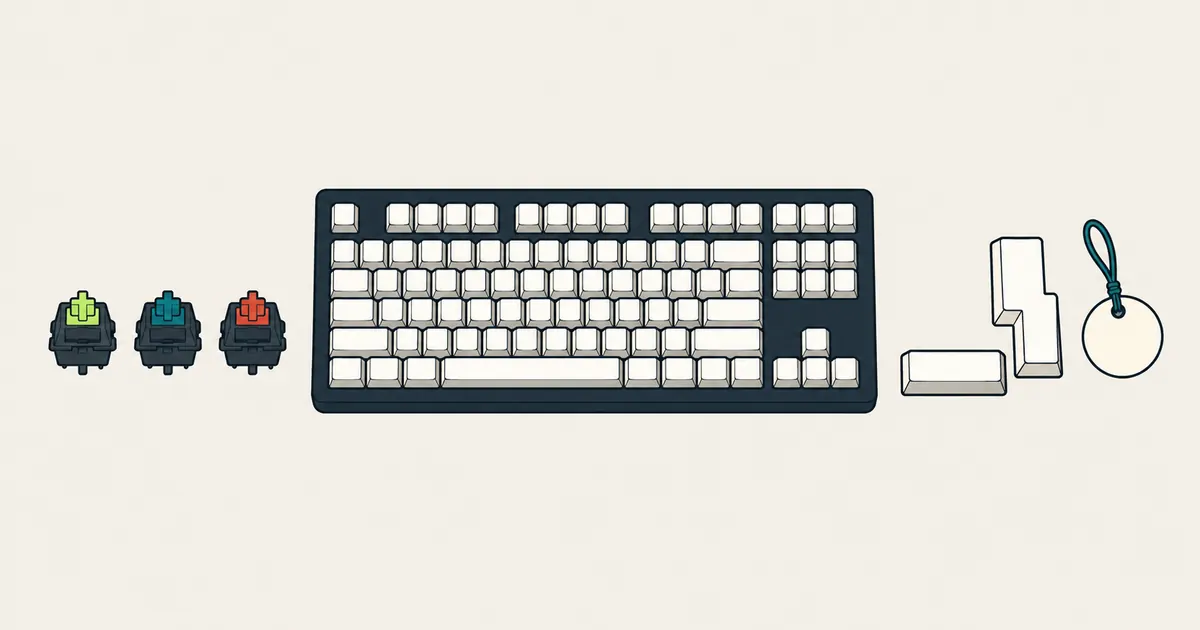 Illustration: a generic tenkeyless keyboard with blank keycaps, three loose key switches with different colored stems, two blank Enter keycaps of different shapes and a blank price tag