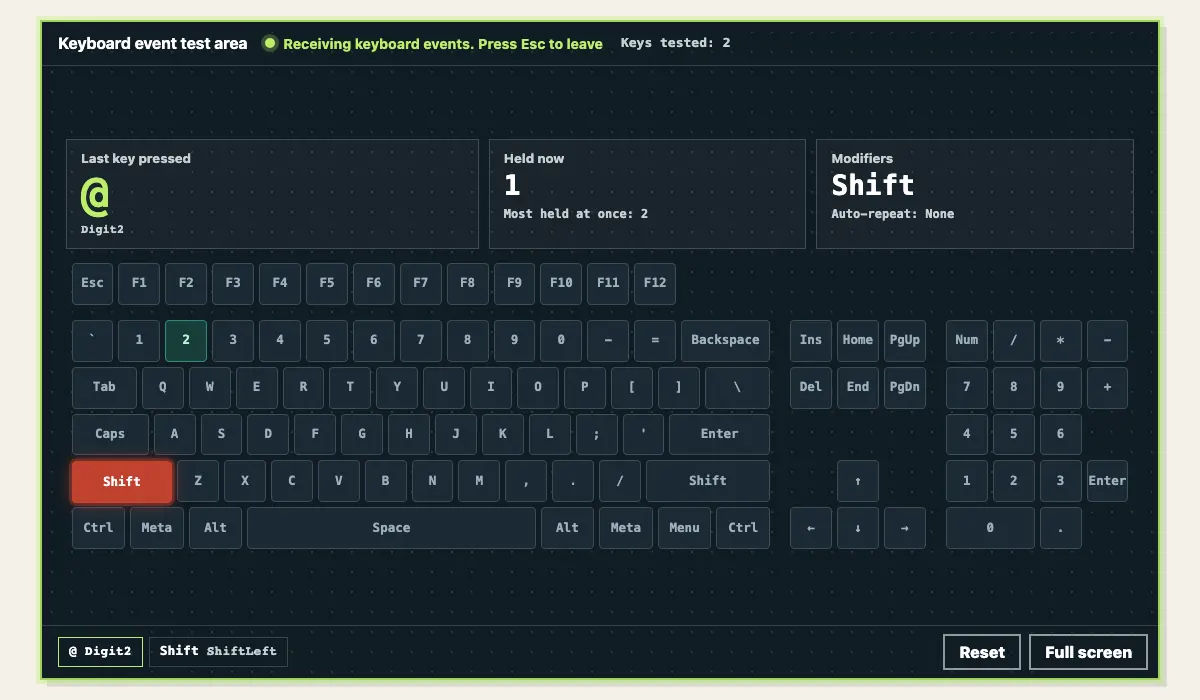 Keyboard tester after holding Shift and pressing 2: the last key reads @ with Digit2 underneath, the modifiers read Shift, and the left Shift and 2 keys are lit on the map