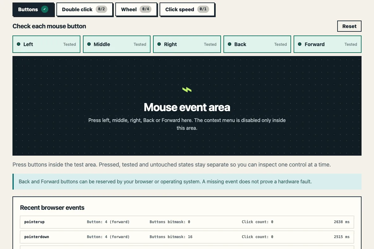 Buttons mode of the mouse tester: the Left, Middle, Right, Back and Forward lamps all read Tested, and the event list shows every press and release