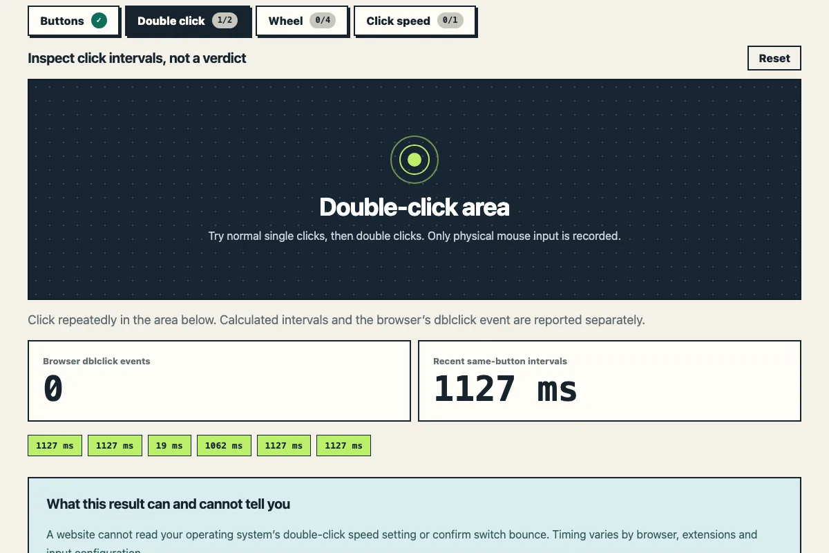 Double click mode of the mouse tester: most interval chips read about one second, one reads only 22 ms, and the dblclick counter is 0