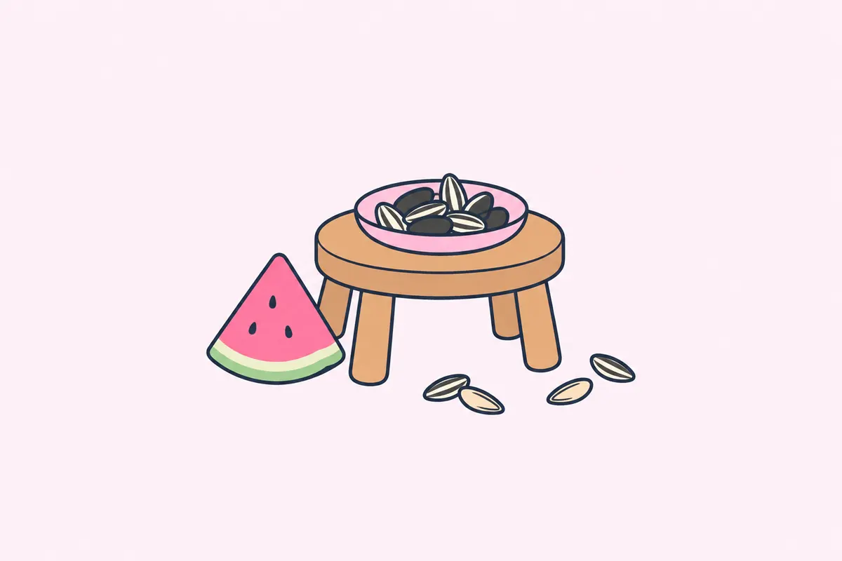 A small wooden stool holding a dish of melon seeds, with a slice of watermelon leaning against it.
