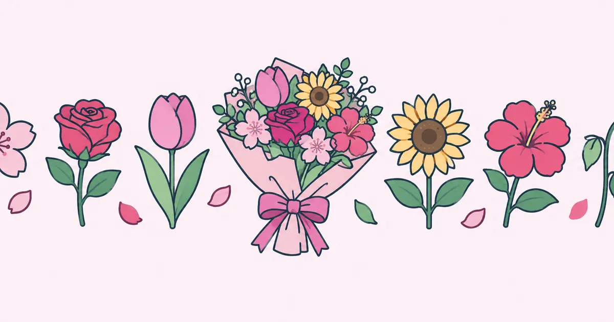 연한 분홍 배경에 납작하게 그린 꽃이 한 줄로 놓여 있어요. 분홍 벚꽃, 장미, 튤립, 가운데에 종이로 감싼 꽃다발, 노란 해바라기, 하와이무궁화, 맨 오른쪽에는 꽃잎이 처진 시든 장미가 있고, 꽃 사이로 작은 꽃잎이 날려요.