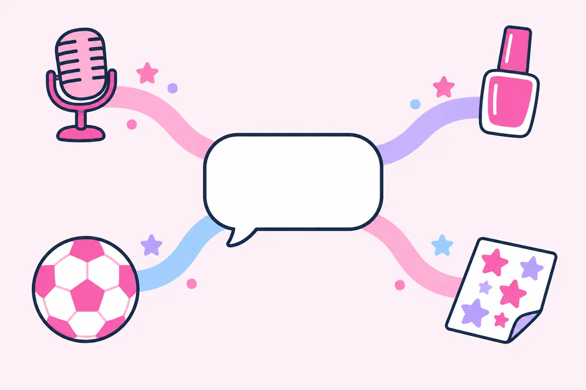 Four winding paths, starting at a microphone, a football, a bottle of nail polish and a sticker covered in stars, meet at a blank speech bubble in the middle.