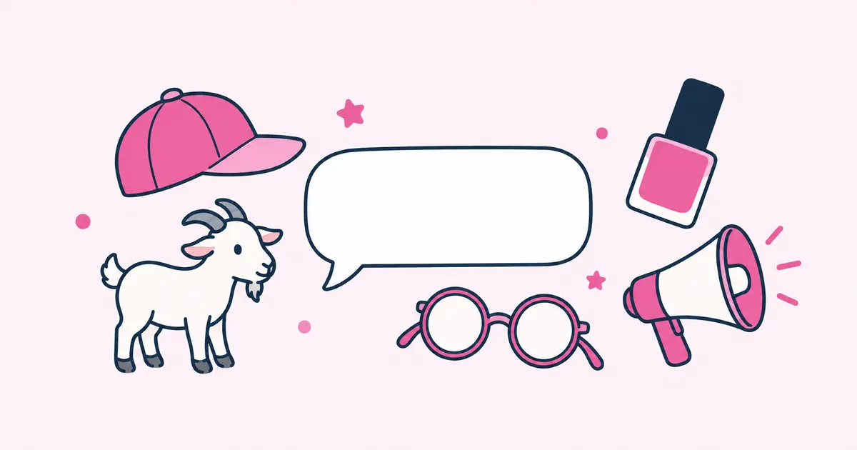 A blank speech bubble surrounded by a baseball cap, a small goat, a bottle of nail polish, a megaphone and a pair of round glasses.