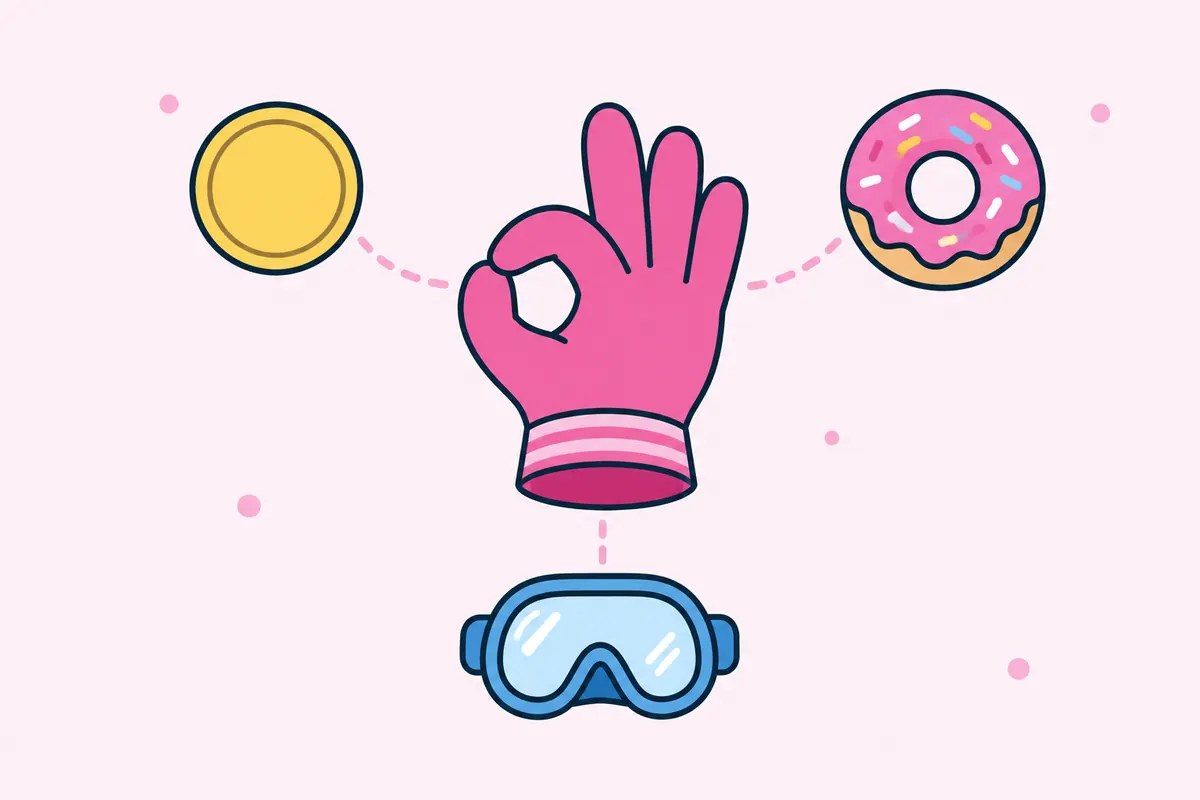 A pink cartoon glove making a ring with its thumb and forefinger, surrounded by a plain gold coin, a ring doughnut and a diving mask.