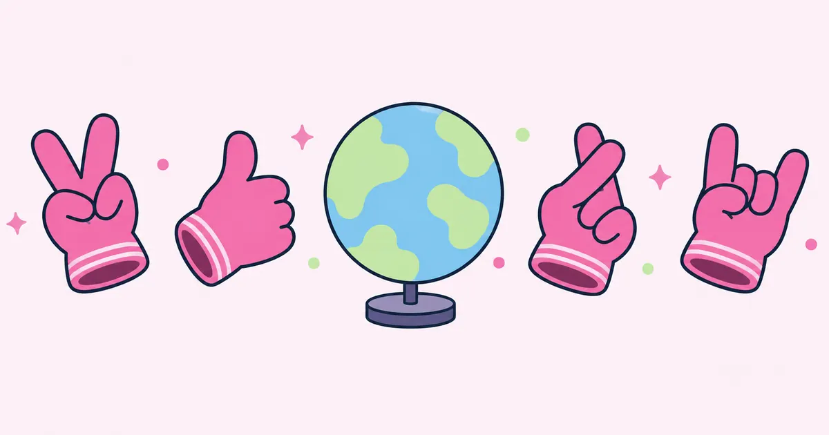 Four pink cartoon gloves around a simple globe, each making a different hand gesture: a V, a thumbs up, crossed fingers and horns.