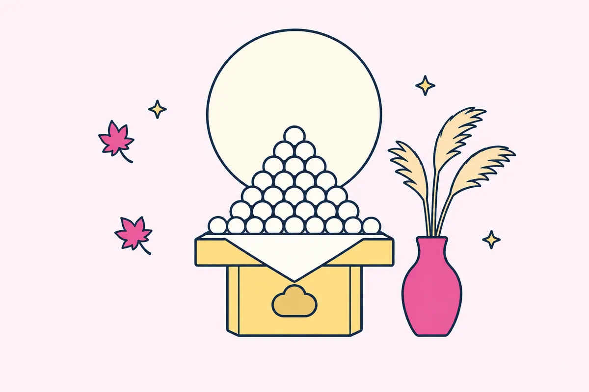 A moon-viewing setup: white dumplings stacked in a small pyramid on a wooden stand and a vase of silver grass, under a big round moon.