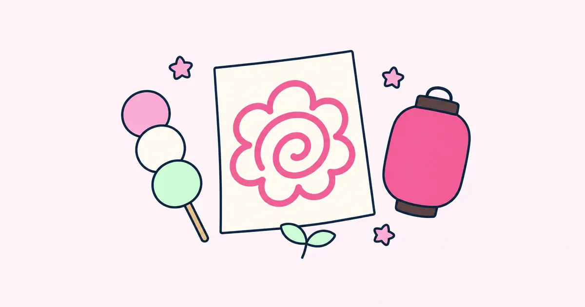 A blank worksheet marked with a big pink hanamaru, a circle ringed with petals, between a skewer of three-colour dango and a plain pink paper lantern, with a small green sprout below.