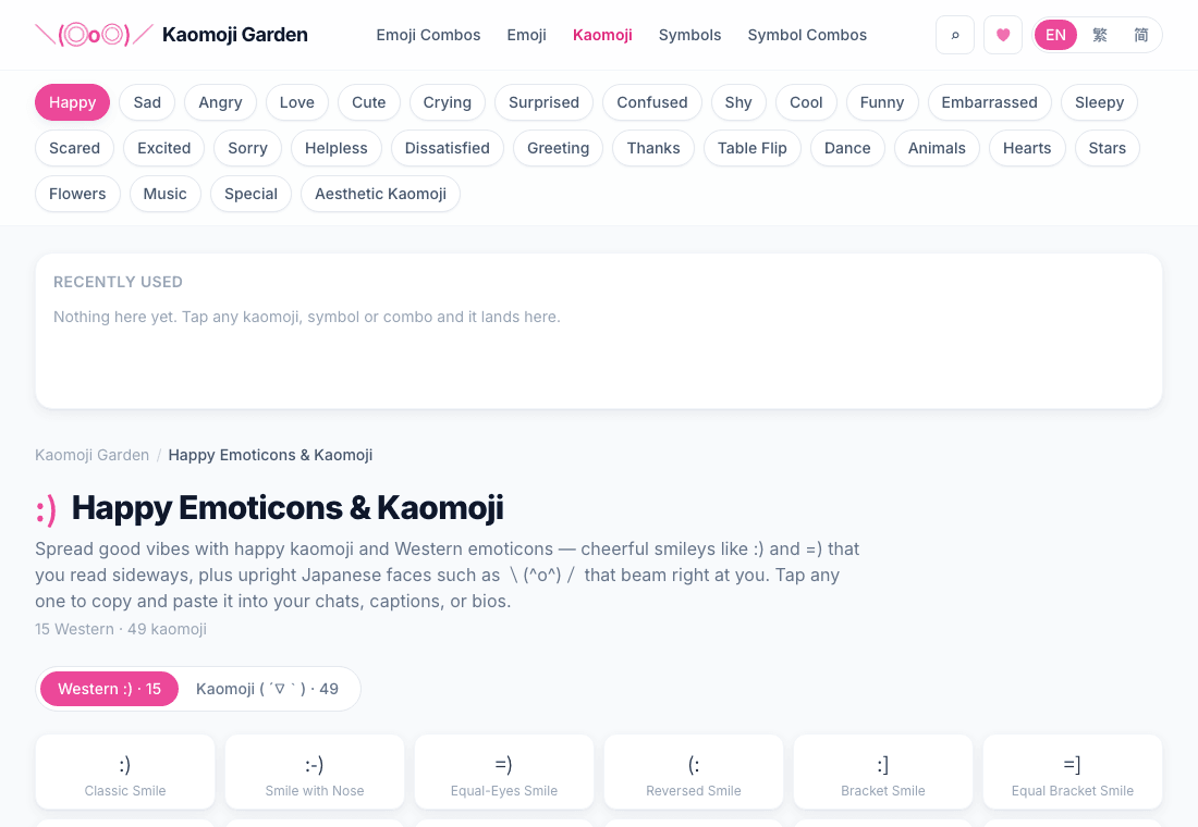 The Happy Emoticons and Kaomoji category page: buttons for the 29 categories at the top, a recently used area, and tabs for 15 Western emoticons and 49 kaomoji above cards such as Classic Smile and Smile with Nose