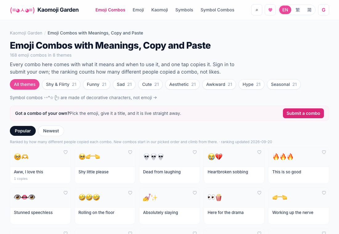The Emoji Combos with Meanings page: theme buttons for shy and flirty, funny, sad, cute, aesthetic, awkward, hype and seasonal, a Submit a combo prompt, and combo cards such as Shy little please, Dead from laughing and Here for the drama, ranked by popularity