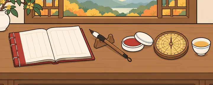 書桌上攤開的紅色線裝通書,旁邊有毛筆、印泥和羅盤