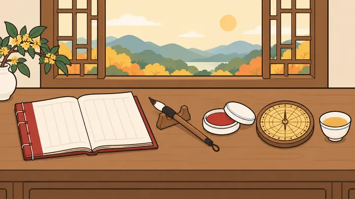書桌上攤開的紅色線裝通書，旁邊有毛筆、印泥和羅盤